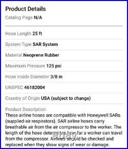 Sperian 930861 Survivair 25 ft 3/8 ID High Pressure Breathing Air SAR Hose